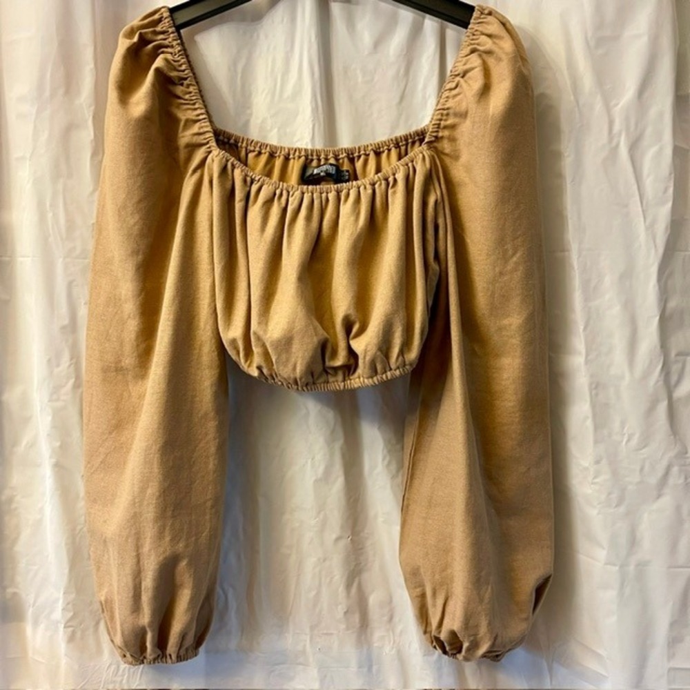 Missguided Camel Tan Cotton Linen Puff Sleeve Crop Top Square Neck Sz 8 Tall